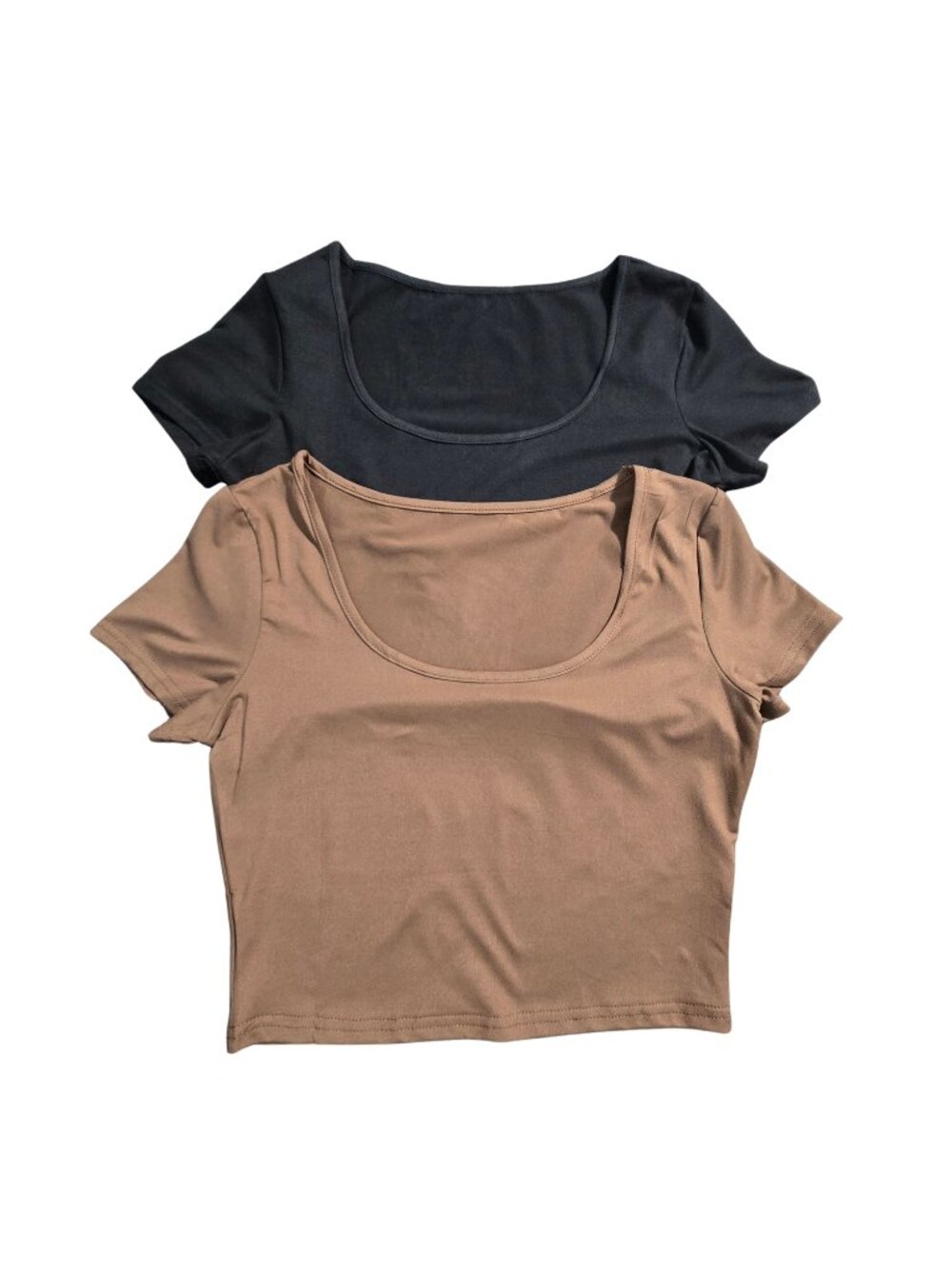 NWOT | 2 Pack Scoop Neck Sculpted Short Sleeve Crop Tops Black & Brown | Medium